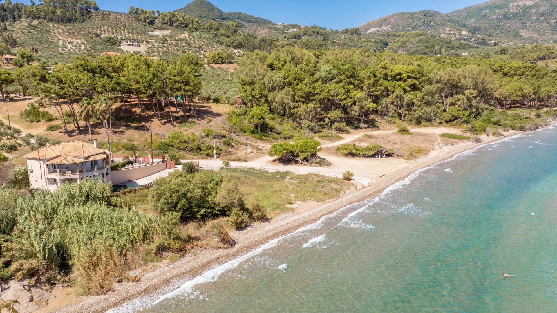 Wide aerial panorama of the Ionian coast