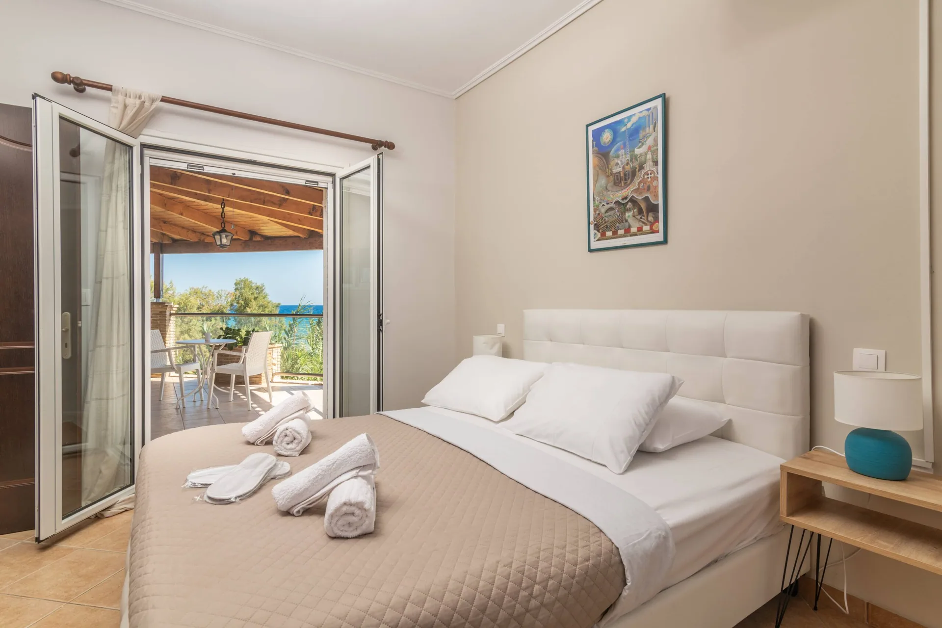 Villa bedroom with sea-facing windows